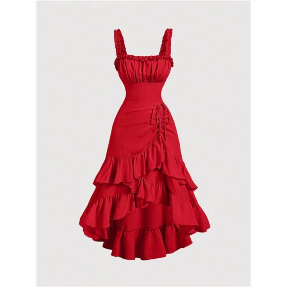 NEW‎ - Red Vintage Ruffle Hem Women Dress